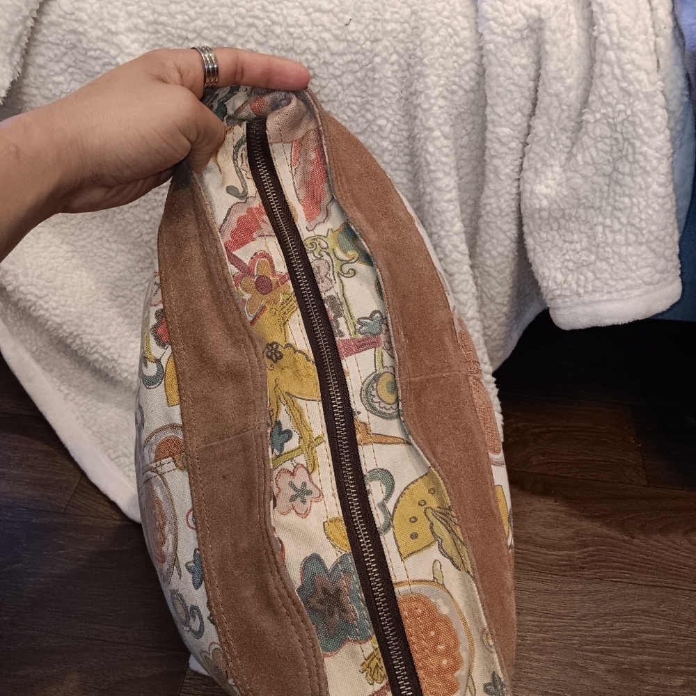 Vintage 90s  Lucky Brand Bucket Shoulder Bag Crossbody Canvas Suede Large Cute - Picture 7 of 9